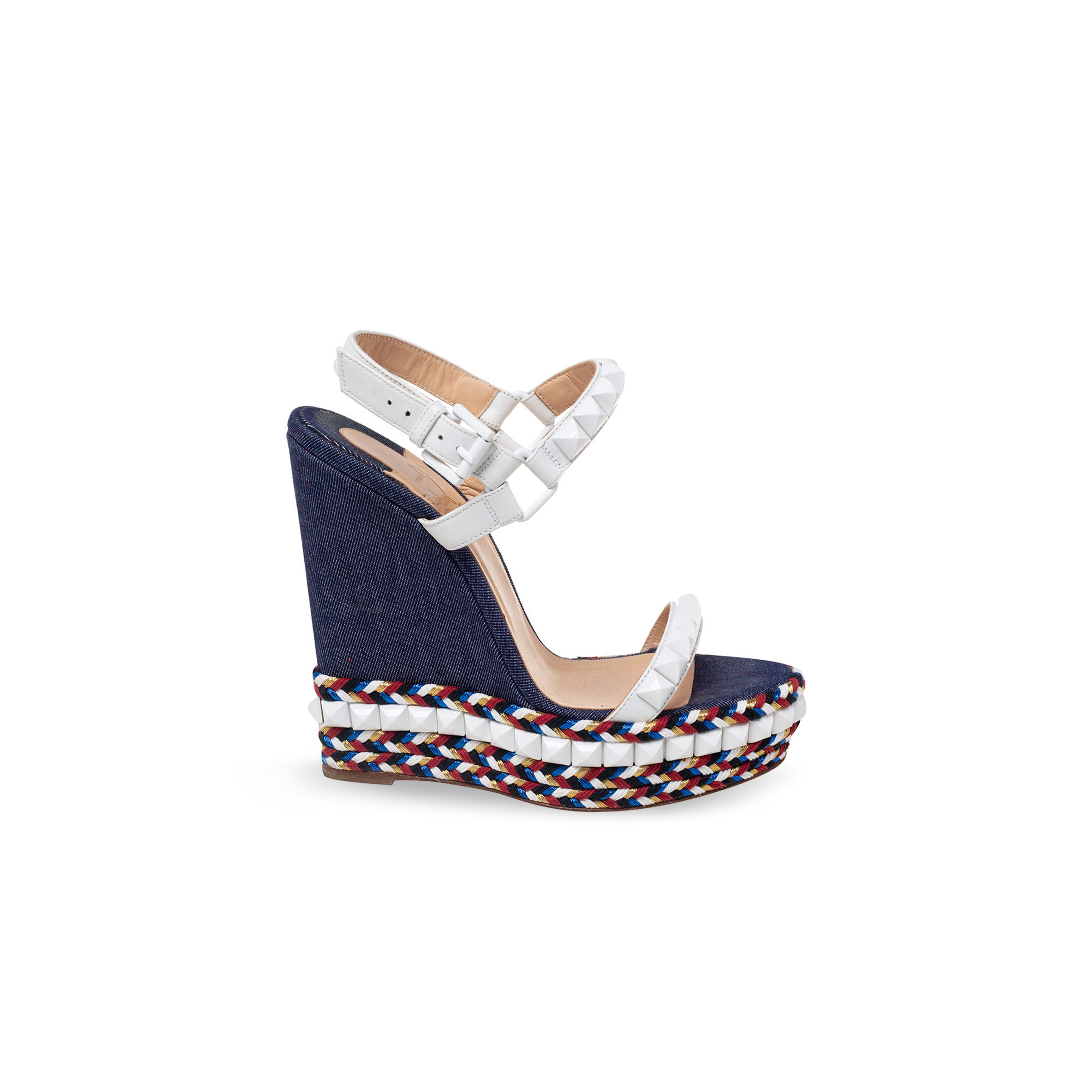 CHRISTIAN LOUBOUTIN CATACLOU DENIM PATCHWORK STUDDED WEDGE SANDALS